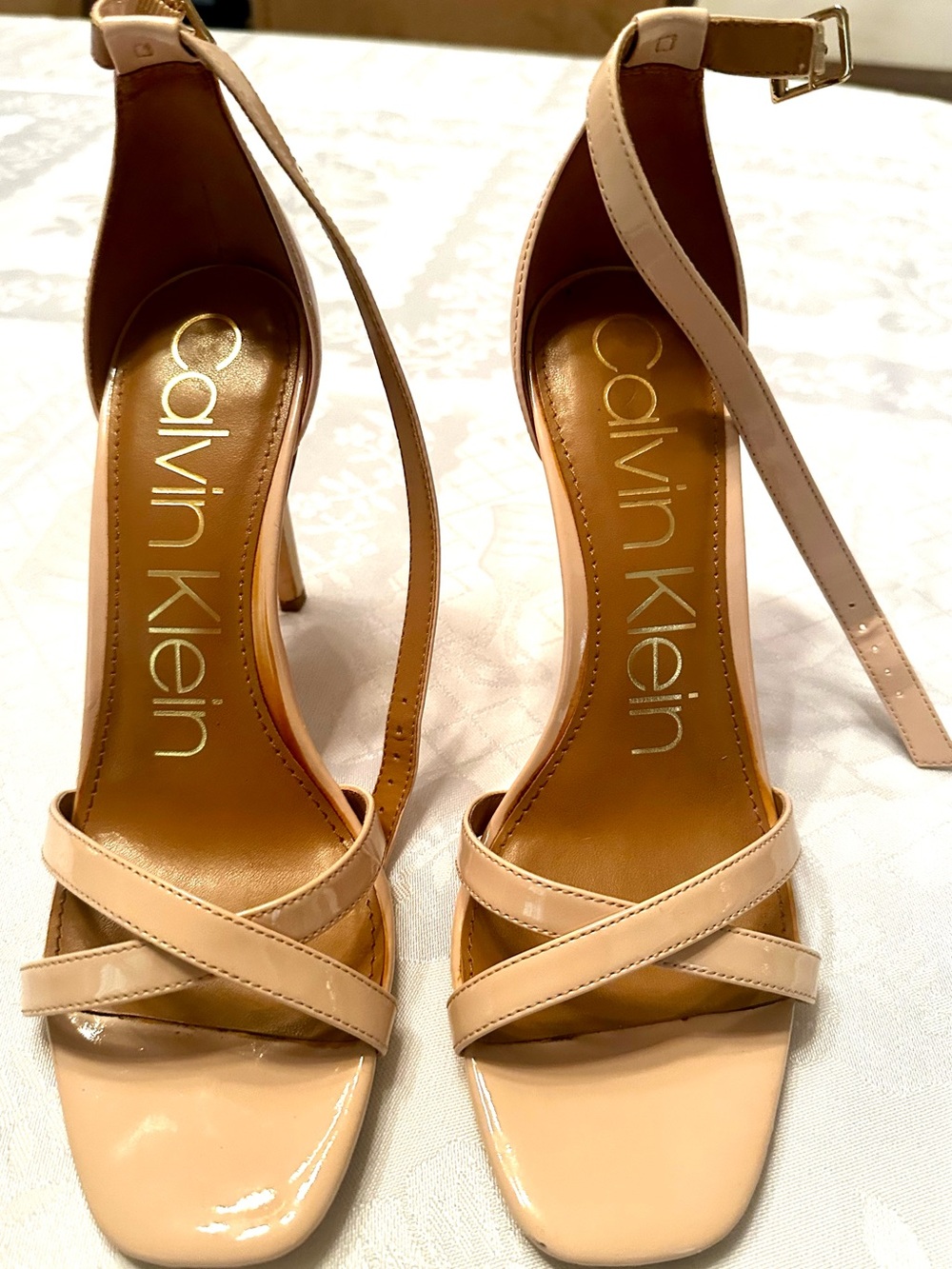 Calvin Klein Blush Patent Leather Ankle-Strap Heels